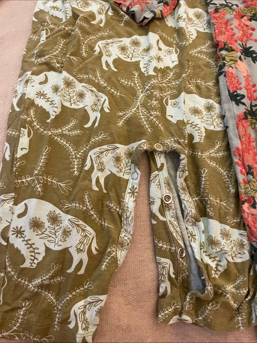 kate quinn Set of Olive Green Floral and Blue and Coral Floral Onesies